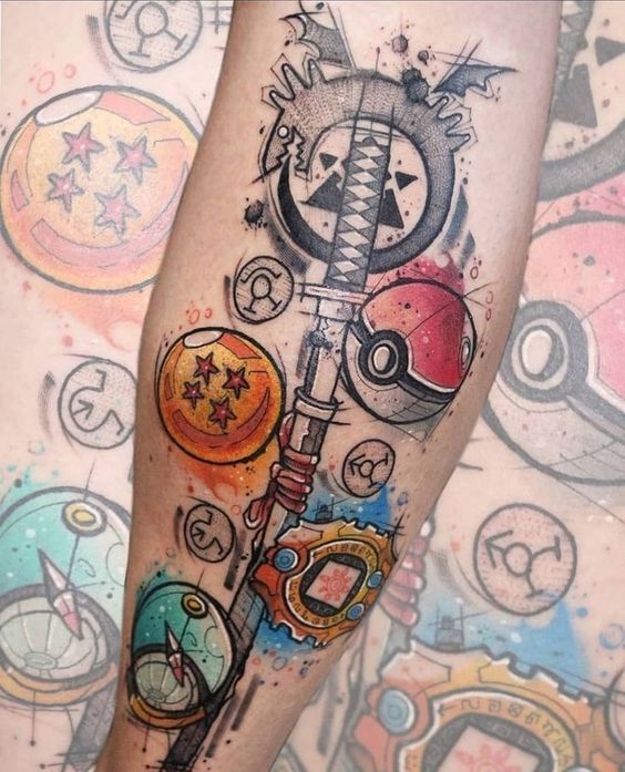 an artistic tattoo on the leg of a person with many different things around it and symbols