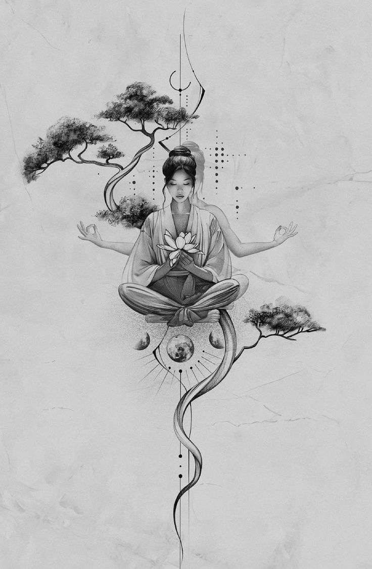 a woman sitting on top of a tree with her hands in the air while meditating