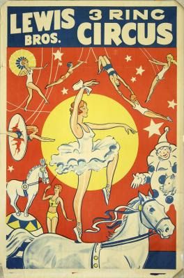 an advertisement for lewis ring bros circus featuring a woman on a horse and other people