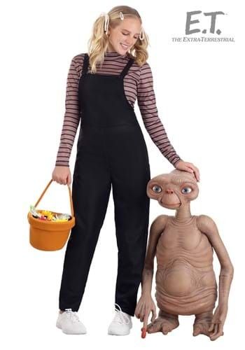 a woman standing next to an alien holding a basket