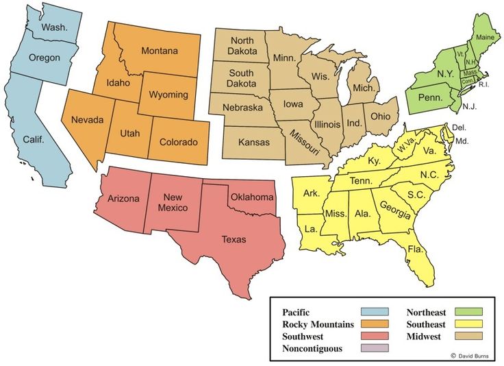 a map of the united states with regions labeled in red, yellow, and blue