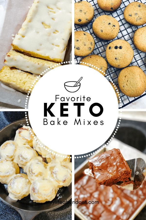 the collage shows different types of keto bake mixes, including cookies and desserts