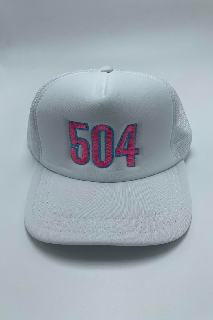 504 Area Code | Bella Lucca Exclusive Custom Embroidered Trucker Hat Trucker Hats With Sayings, Cheap Trucker Hat With Letter Print For Streetwear, Embroidered White Trucker Hat With Flat Bill, White Trucker Baseball Cap With Embroidered Patch, White Trucker Hat With Letter Embroidery And Adjustable Fit, White Adjustable Trucker Hat With Letter Embroidery, Adjustable White Trucker Hat With Letter Embroidery, White Snapback Trucker Hat With Letter Embroidery, White Trucker Hat With Embroidered Logo For Spring