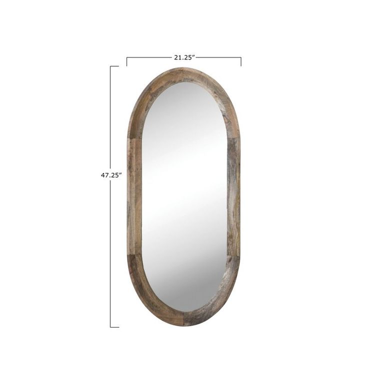 an oval mirror is shown with measurements for the frame and top half, along with its length