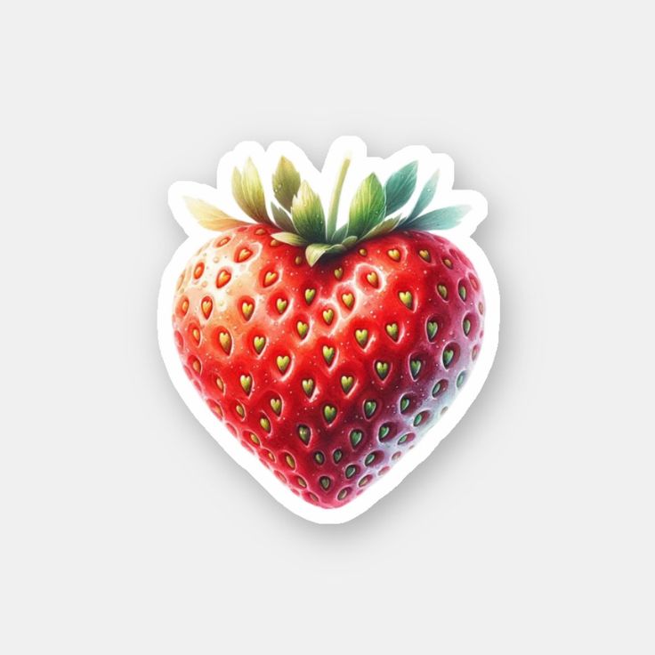 a red strawberry sticker with green leaves on it's tip is shown in the shape of a heart