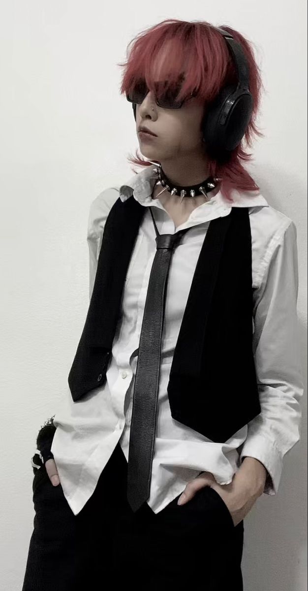 Emo Outfits With Ties, Spikey Clothes, Alternative Tie Outfit, Tie And Vest Outfit, Summer Alternative Outfits Grunge, Red Tie Outfit Aesthetic, Alt Outfits With Ties, Emo Vest Outfit, Masc Alternative Fashion