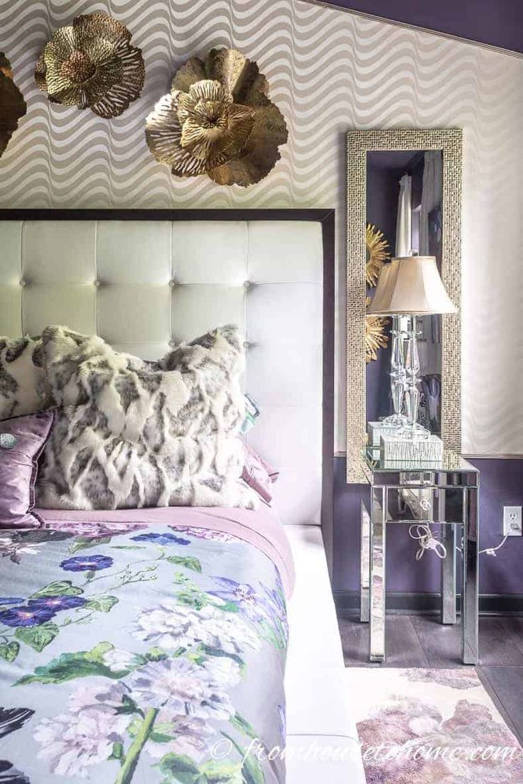 Dark Purple, White And Gold Master Bedroom | Bedroom Decor Ideas Dark Purple Bedrooms, Bedroom Colors Purple, Dark Purple Bedroom, Purple Bedroom Walls, White Platform Bed, Bedroom Purple, Suite Ideas, Purple Bedrooms, Purple Bedroom