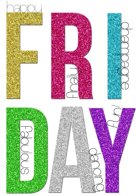 the word friday written in multicolored glitters on a white background with an arrow