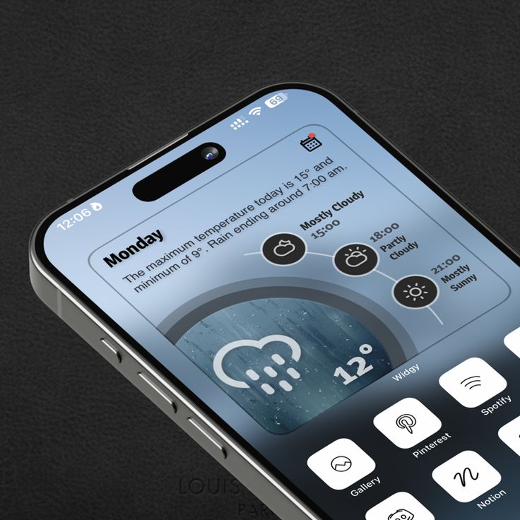 an iphone displaying the weather and icons on it's display screen, with text below