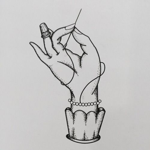 a black and white drawing of a hand holding a tiny object in it's palm