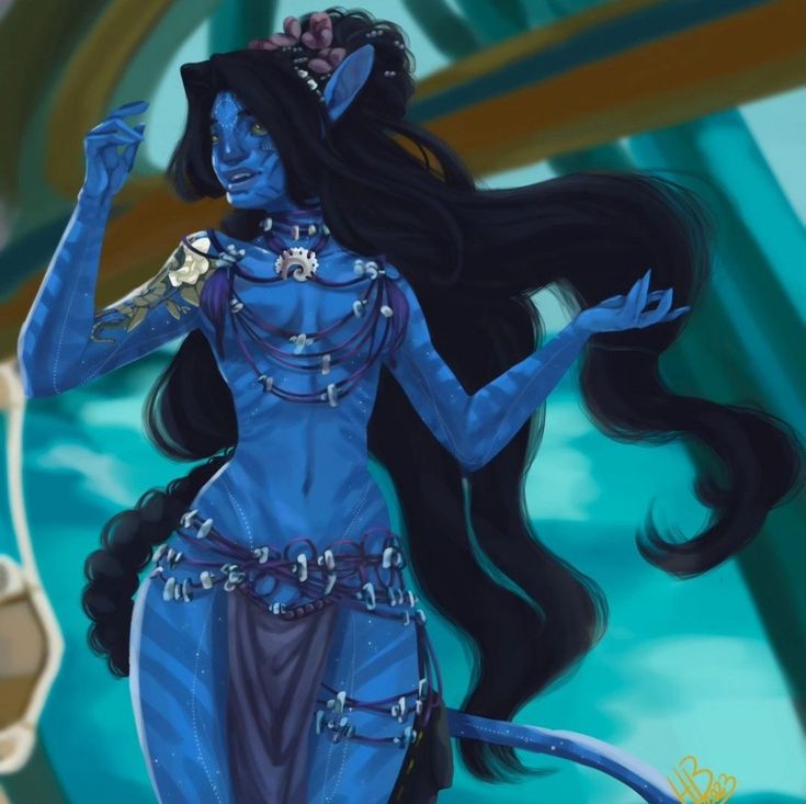 a woman dressed in blue with long black hair