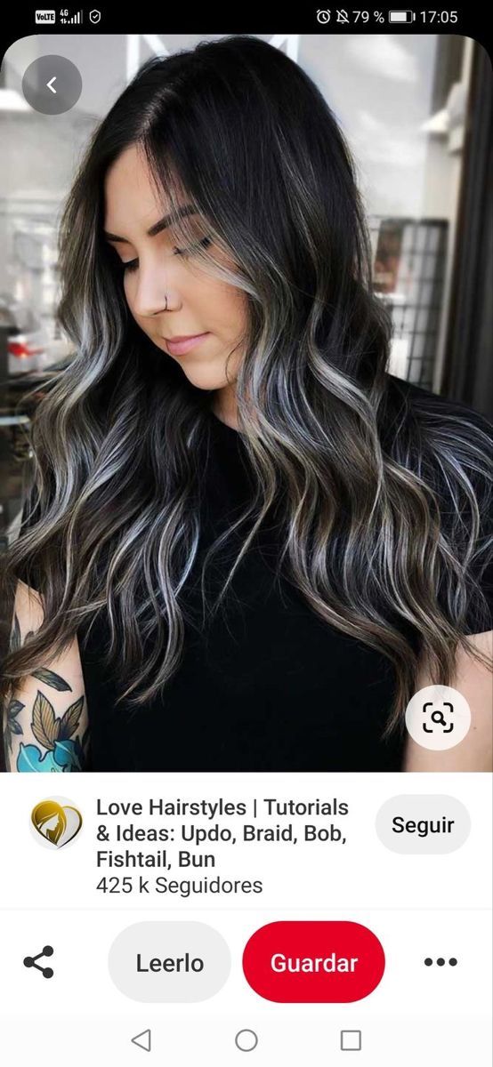 Brunette Blonde Highlights, Black Hair Balayage, Jet Black Hair, Hair Color Crazy, Silver Highlights, Black Hair With Highlights, Dark Hair With Highlights, Silver Hair Color, Hair Color Ideas For Brunettes