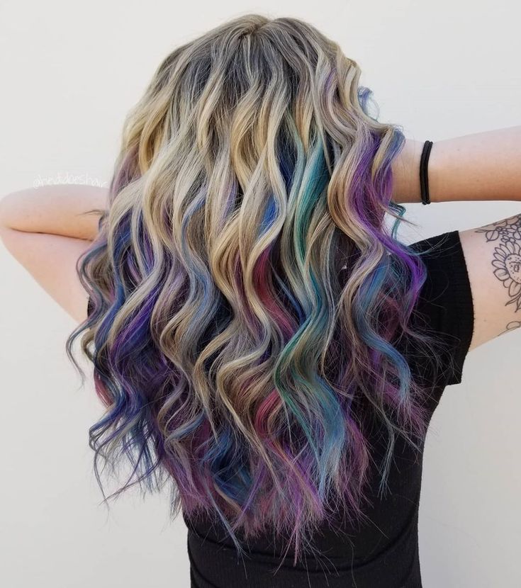 Colorful Hair Underneath Blonde, Peek A Boo Mermaid Hair, Colorful Hair For Blondes, Peekaboo Mermaid Highlights, Mermaid Highlights Blondes, Blonde Fun Hair Color, Blonde On Top Color Underneath, Fun Colors For Blonde Hair, Blonde With Fashion Colors