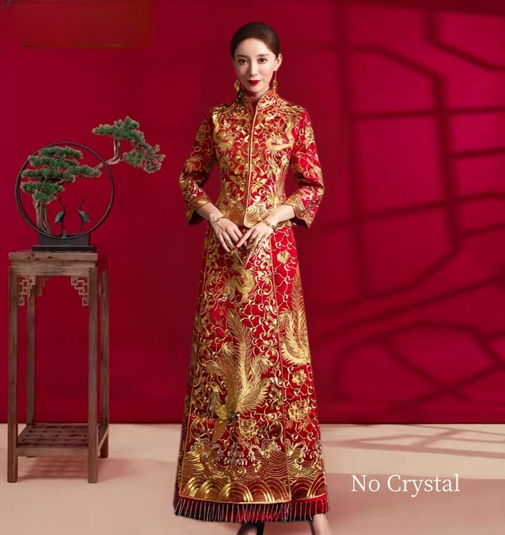 Indulge in the opulent elegance of this 2-piece qun kwa set, embellished with luxurious gold and silver embroidery. The exquisite detailing of dragons, phoenixes, flowers, and lucky clouds graces both the jacket and skirt, while shimmering crystals provide a dazzling touch for an unforgettable ensemble at your tea ceremony. Please note Asian size run small, refer to the size chart in the picture. Please leave Height, Weight and Bust measurements in the Personalisation box so you can double check the size for you Gold And Silver Embroidery, Qun Kwa, Dragon Phoenix, Silver Embroidery, Phoenix Wedding, Qipao Cheongsam, Wedding Essentials, Chinese Wedding, Chinese Dragon