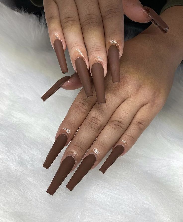 Fake Gel Nails, Brown Acrylic Nails, Brown Nails Design, Plain Nails, Brown Acrylic, Matte Nails Design, French Acrylic Nails, Long Acrylic Nails Coffin, Acrylic Nails Coffin Pink