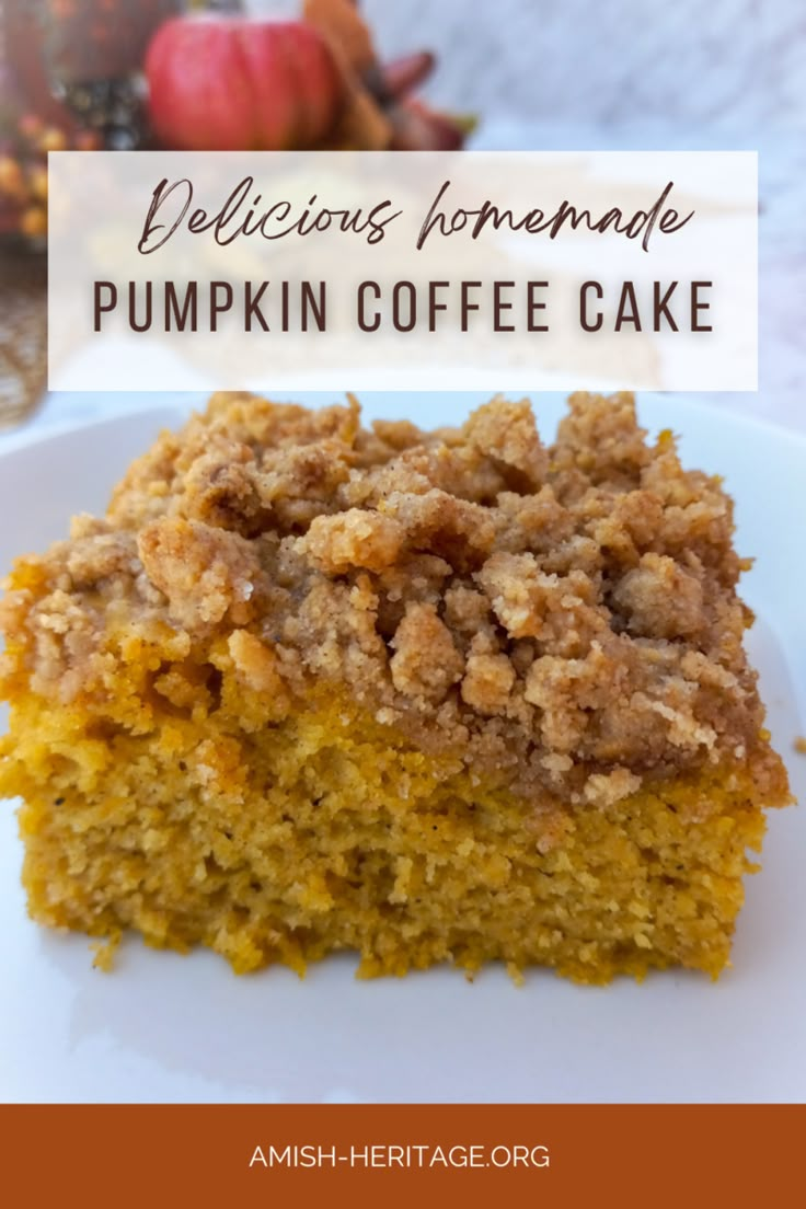 delicious homemade pumpkin coffee cake on a white plate with text overlay that reads delicious homemade pumpkin coffee cake