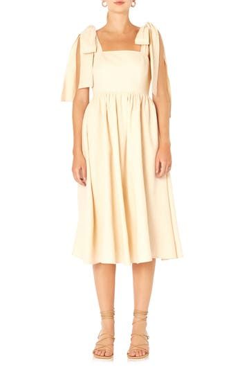 A breezy linen-kissed sundress offers sweet style with bow-tie straps, a fitted bodice and a flowy skirt. Square neck Adjustable tie straps Lined 70% rayon, 30% linen Hand wash, dry flat Imported Summer Midi Dress With Tie Back And Square Neck, Summer Midi Dress With Square Neck And Tie Back, Summer Square Neck Midi Dress With Tie Back, Spring Sundress With Tie Straps, Elegant Sundress With Ruffled Straps For Garden Party, Spring Sundress With Tie Back For Casual Wear, Spring Casual Sundress With Tie Back, Garden Party Sundress With Tie Straps, Beige Linen Dress For Spring Garden Party