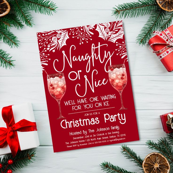 a red christmas party card with two glasses of wine