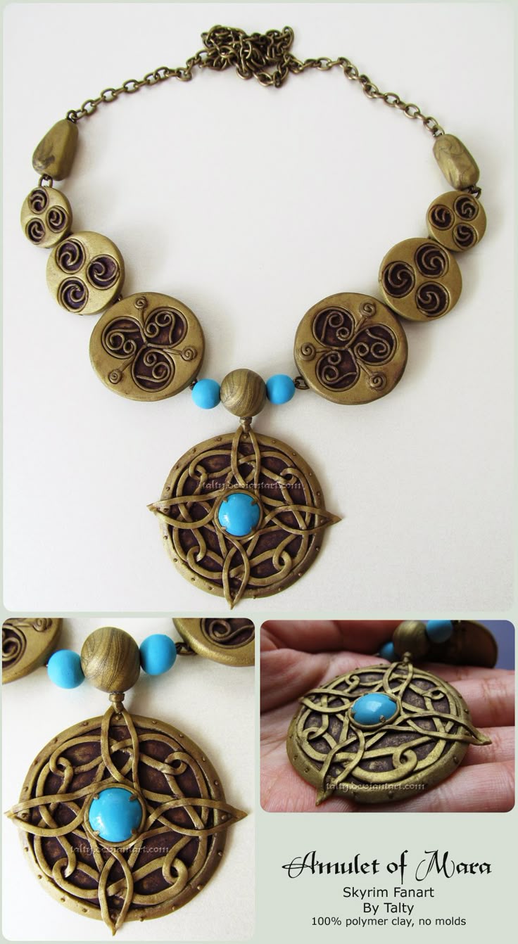 an ornate necklace with blue beads is shown in three different pictures, including the front and back