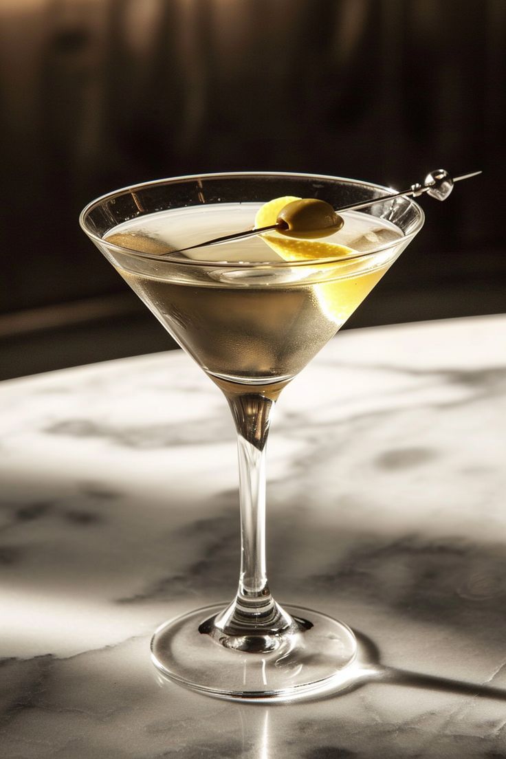 a martini glass with an olive garnish in it