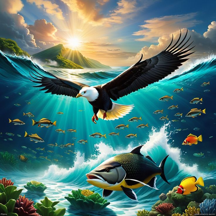 a painting of an eagle and fish in the ocean with sunlight shining down on them