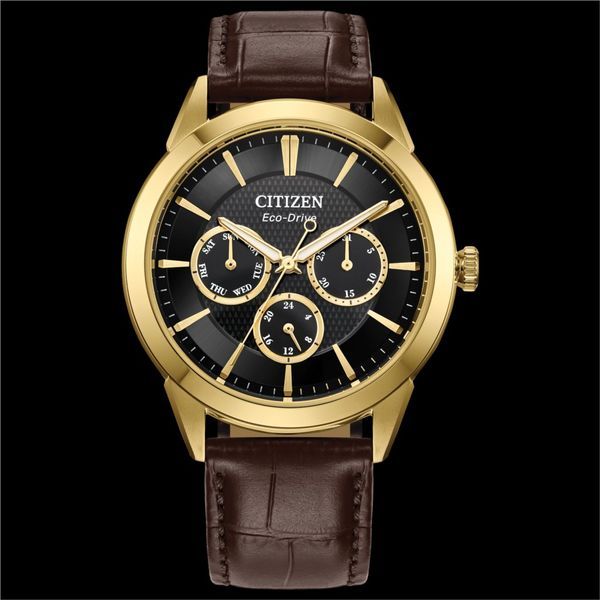 With vintage-inspired style that will never go out-of-date, this Men's Citizen Classic Eco-Drive Watch takes the classic collection to the next level. The 40mm gold-tone stainless steel case is the perfect base for the watch's black dial, with three sub-dials upon a textured inner sector adding to its distinct appeal. Sustainably powered by any light with Eco-Drive technology and never needs a battery. Water resistant up to 100m. Classic Black Chronograph Watch, Gold Chronograph Watch For Business, Gold Chronograph Watch With Round Dial For Business, Gold Chronograph Watch With Metal Dial For Anniversary, Gold Chronograph Watch For Anniversary, Gold Chronograph Watch For Anniversary With Metal Dial, Classic Yellow Gold Watches With Subdials, Classic Brown Business Watches, Classic Chronograph Watch Accessories For Anniversary