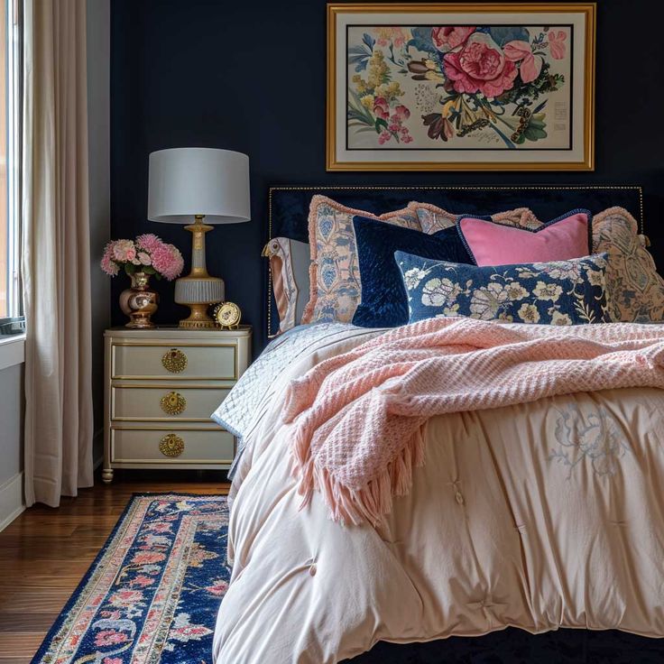 a bedroom with blue walls and pink bedding