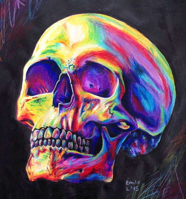 a painting of a colorful skull on a black background