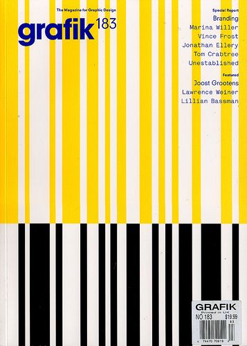 the front cover of grafik 138, with black and white stripes on yellow background