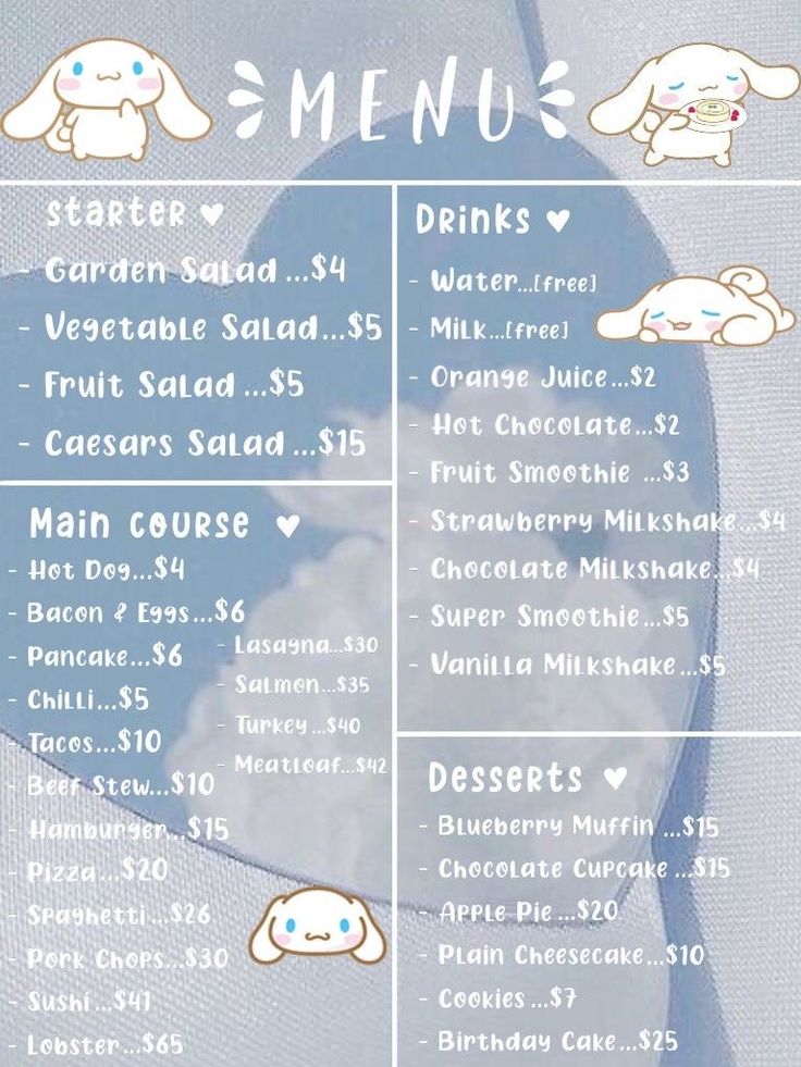 a menu for a restaurant with cartoon characters