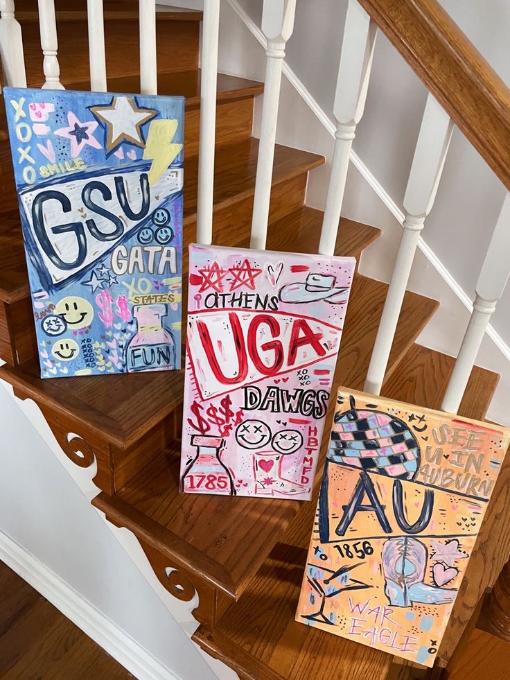 three paintings on the steps of a house that have been decorated with various colors and designs