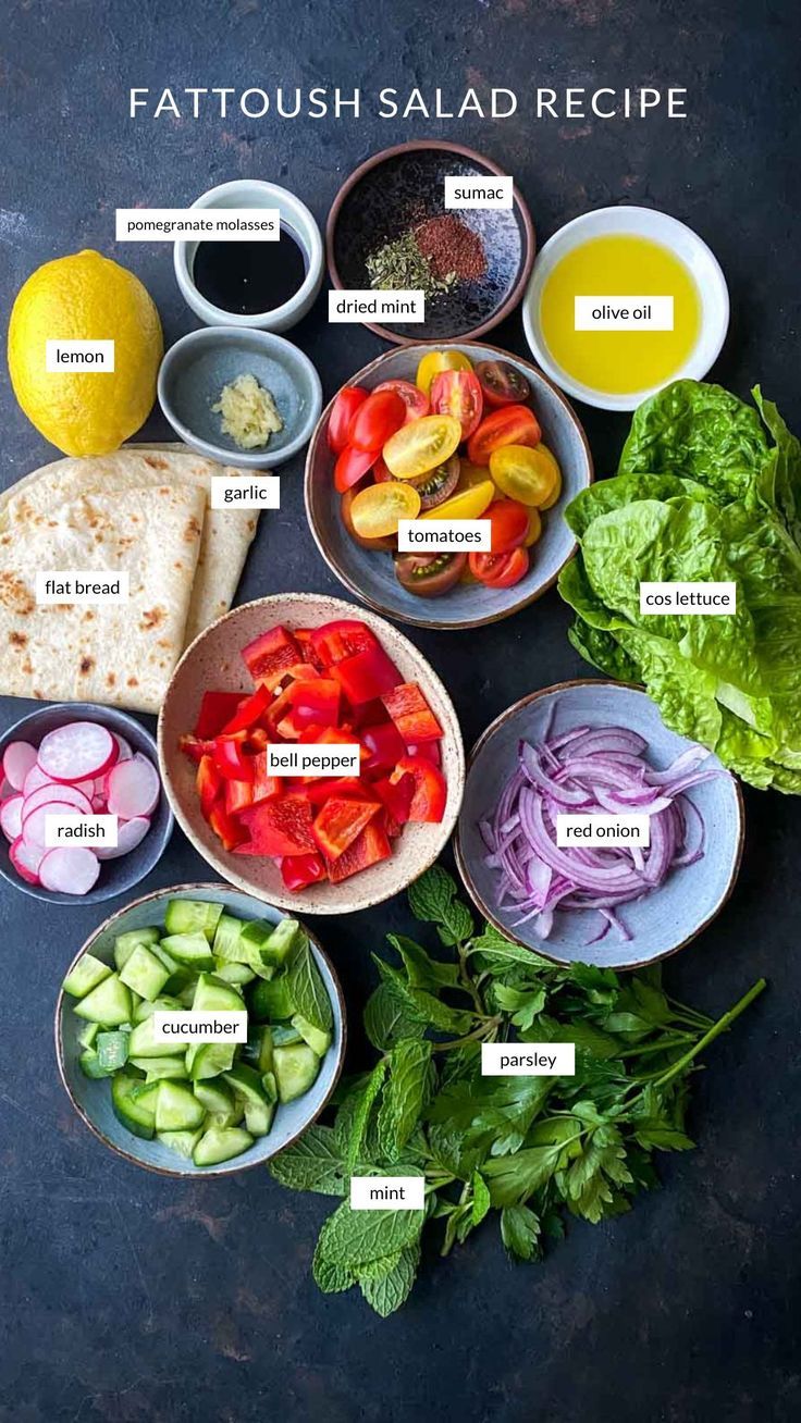 the ingredients for a salad laid out in bowls