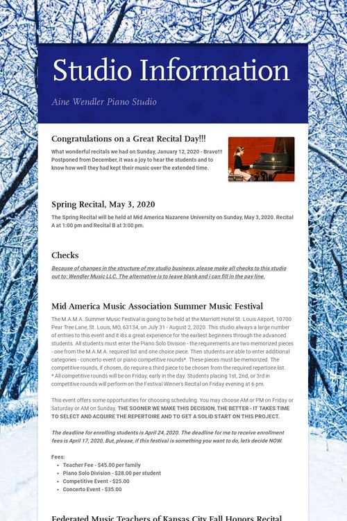 the website for studio information is displayed in front of snow covered trees and blue sky