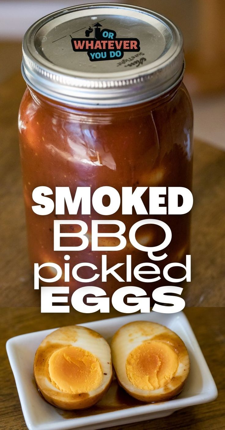 smoked bbq pickled eggs in a mason jar with text overlay that reads smoked bbq pickled eggs