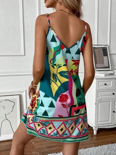 Summer Vibes: Floral Patchwork Cami Dress Multicolor Print V-neck Dress With Patchwork, Summer Dresses With Colorful Pattern, Multicolor Floral Print Summer Sundress, Multicolor Vibrant Print Sundress For Garden Party, Multicolor Floral Print Sundress For Summer, Multicolor Floral Patchwork Dress For Garden Party, Colorful Casual Floral Print Dress, Multicolor Sundress With Vibrant Print For Garden Party, Summer Floral Print Multicolor Sundress