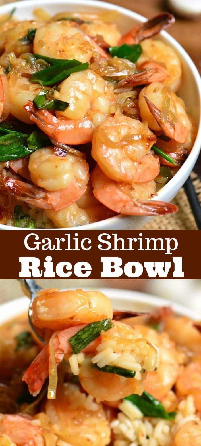 garlic shrimp rice bowl with basil garnish in it and the title above reads garlic shrimp rice bowl