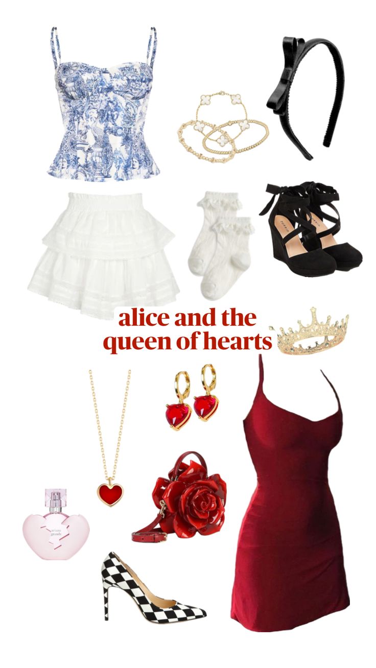 an advertisement for alice and the queen of hearts, including shoes, necklaces, bracelets