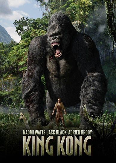 a giant gorilla standing next to a man in the jungle with his mouth wide open