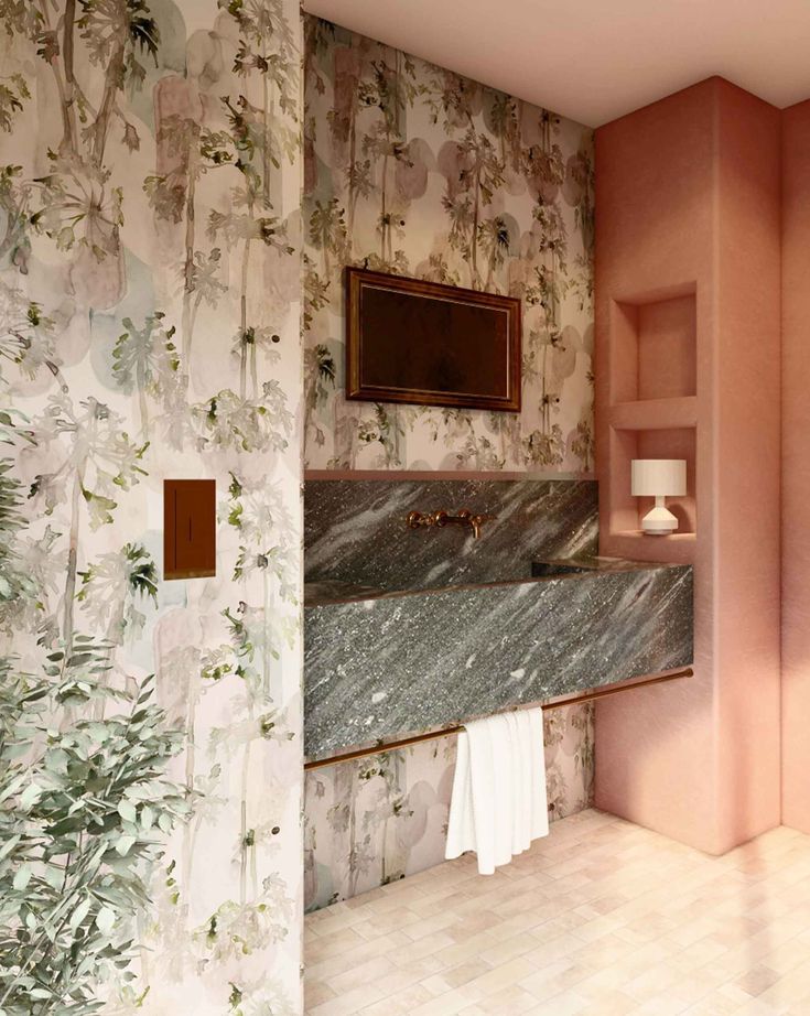 A pink bathroom with floral Papaya Arc Wallpaper Dusk and a sink Wallpaper For Vanity Room, Watercolor Studies, Chic Powder Room, Pearl House, Papaya Tree, Luxurious Wallpaper, Collection Drawing, Los Angeles Interior Design, Interior Design Plan