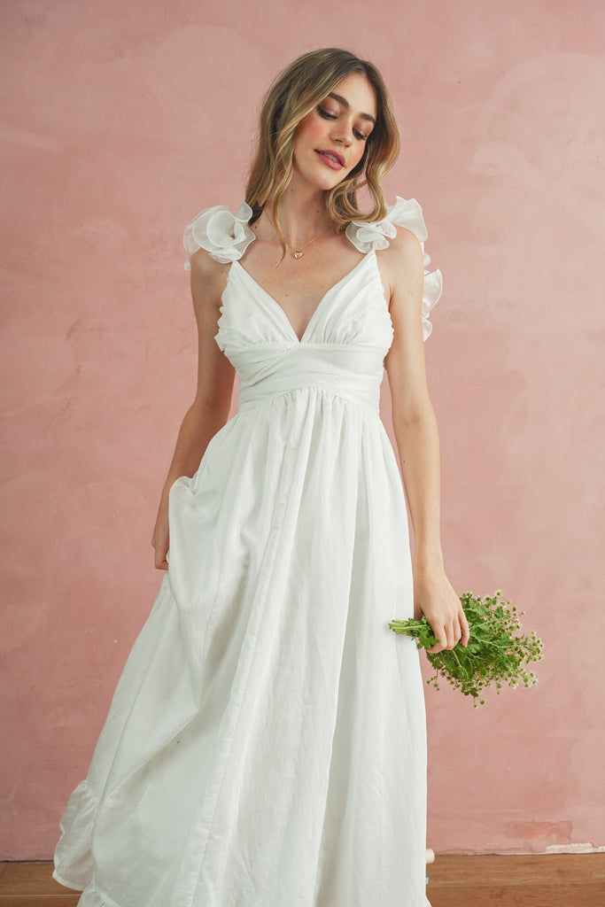 Croissants & Latte's Dress – Breath of Youth White Midi-length Ruffle Dress For Summer, White Sleeveless Cottagecore Dress, White Linen Cottagecore Dress, Linen V-neck Midi Dress With Ruffles, White Feminine Midi-length Tiered Dress, Breath Of Youth, Heart Locket Necklace, Heart Locket, Criss Cross