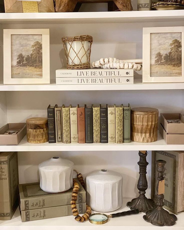 some books and other items on a white shelf