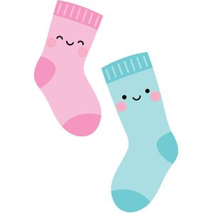 two pairs of socks with faces on them, one pink and the other blue are smiling