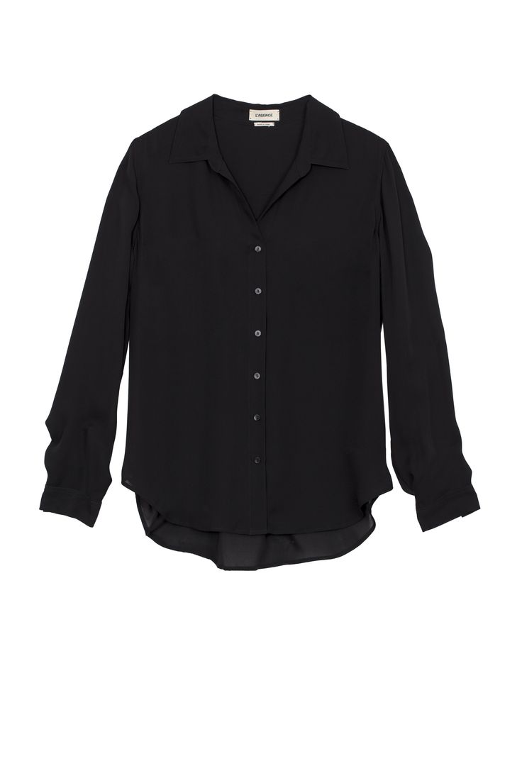 A modern classic. The Nina blouse is structured in all the right places with a relaxed, flattering fit. Refined button-down construction with a chic open collar and draped long sleeve in black silk. Classic Blouse With Button Closure And Fold Down Collar, Classic Blouse With Button Closure And Fold-down Collar, Timeless Workwear Blouse With Buttons, Timeless Buttoned Blouse For Work, Timeless Buttoned Workwear Blouse, Timeless Button Blouse For Workwear, Timeless Button-up Blouse For Work, Classic Blouse With Button Closure For Office, Classic Office Blouse With Button Closure