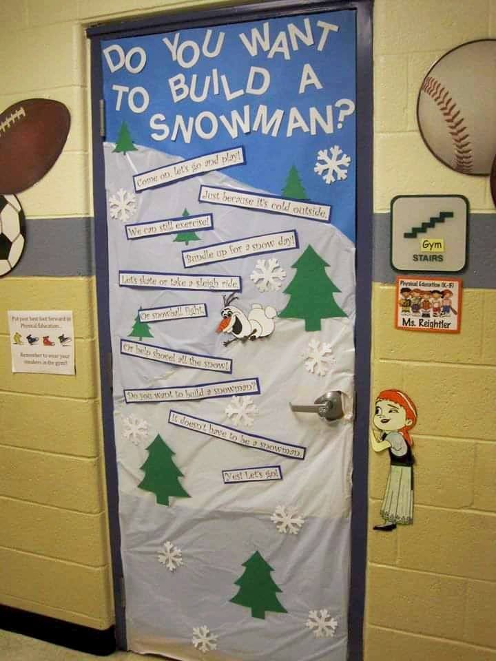 a door decorated to look like a snowman with the words do you want to build a snowman?