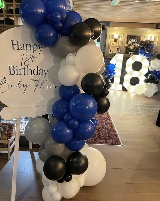 there is a happy birthday sign made out of balloons in the middle of a room