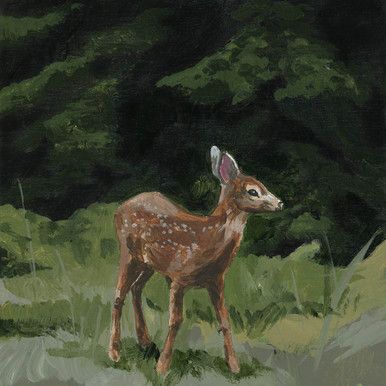 a painting of a deer standing in the grass with trees in the background and one animal looking at the camera