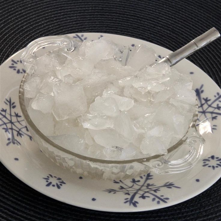 a bowl filled with ice sitting on top of a plate