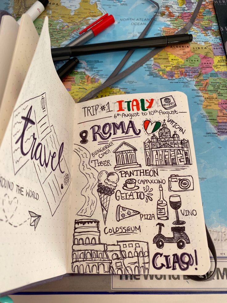 an open notebook with travel doodles on top of it and the map in the background