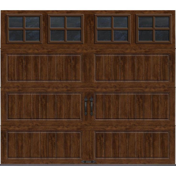 an image of a wooden garage door with glass on the top and bottom paneling