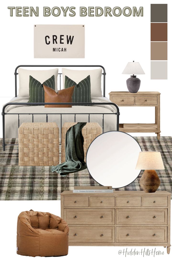 Teen boys bedroom decor mood board with green and brown tones! Teenage boys bedroom decor ideas Modern Earthy Bedroom Bedding, Magee And Co Bedroom, Green Walls Boys Bedroom, Teen Bedroom Decor For Boys, Hunter Green Boys Room, Green Teen Boy Bedroom, Boys Teenage Room Ideas, Teen Boy Bedroom Green, Dark Green Boys Bedroom